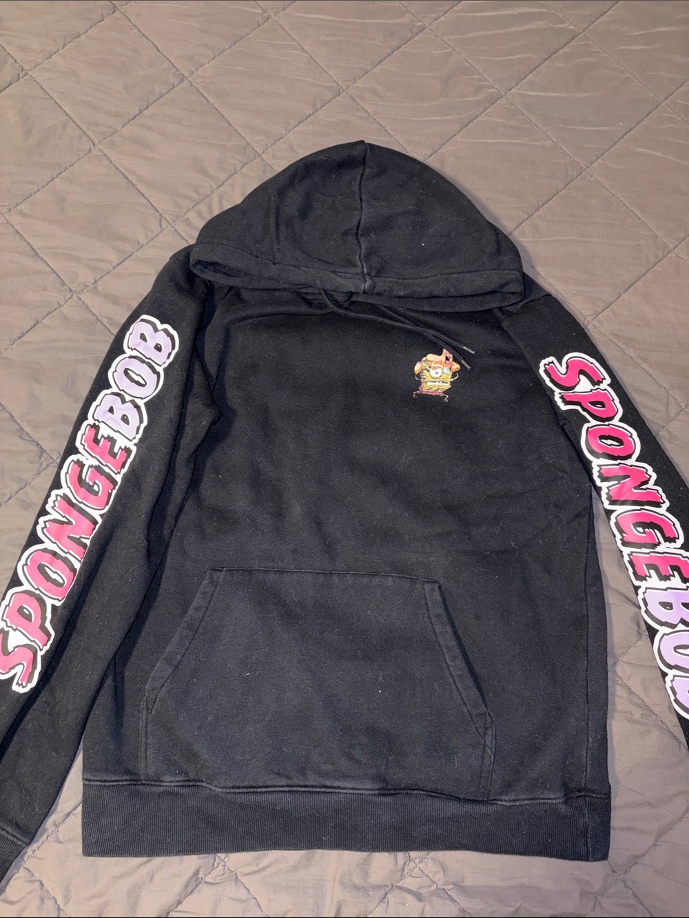 H&M Black Hoodie with Pink SpongeBob Sleeve Graphics